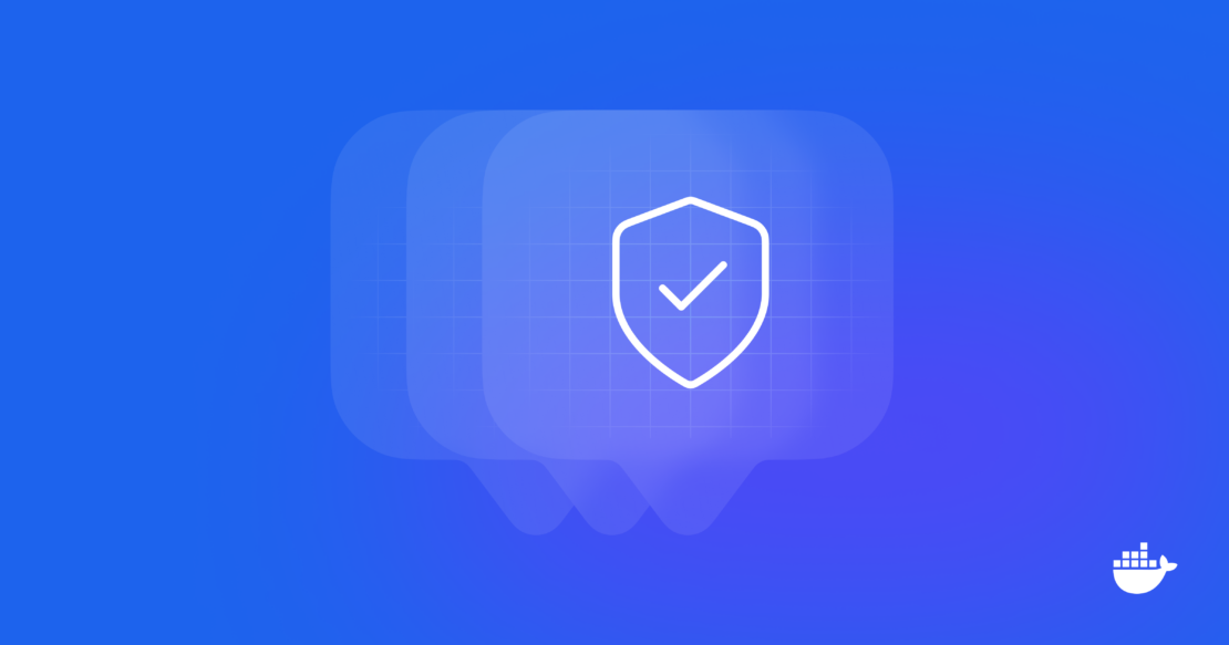 - banner docker security Blue image with white checkmark in shield