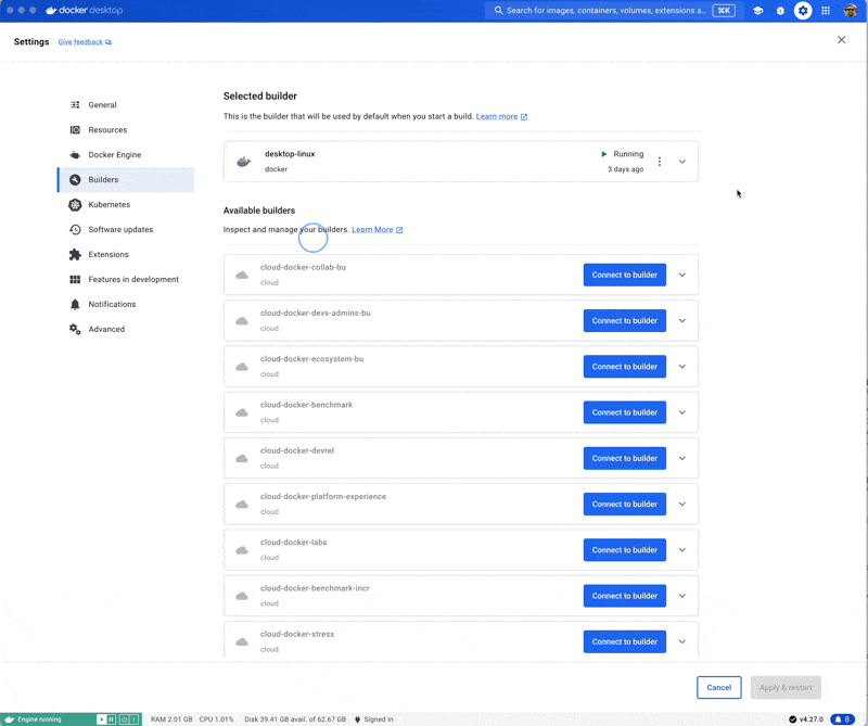 - F3 Clear build history Animated gif showing Docker Desktop actions to clear build history.