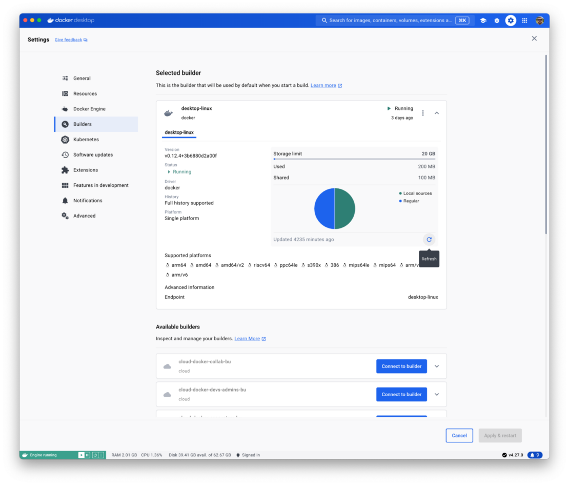 - F4 Refresh storage data Screenshot of Docker Desktop showing storage data for selected builder