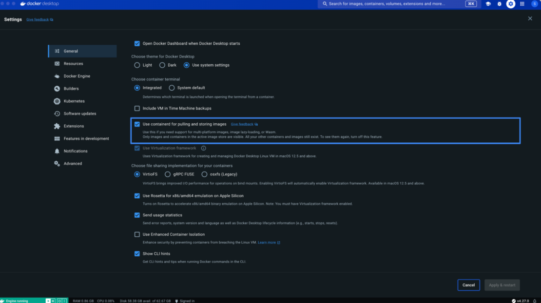 - F5 containerd image store Screenshot of Docker Desktop showing option to enable containerd image store.