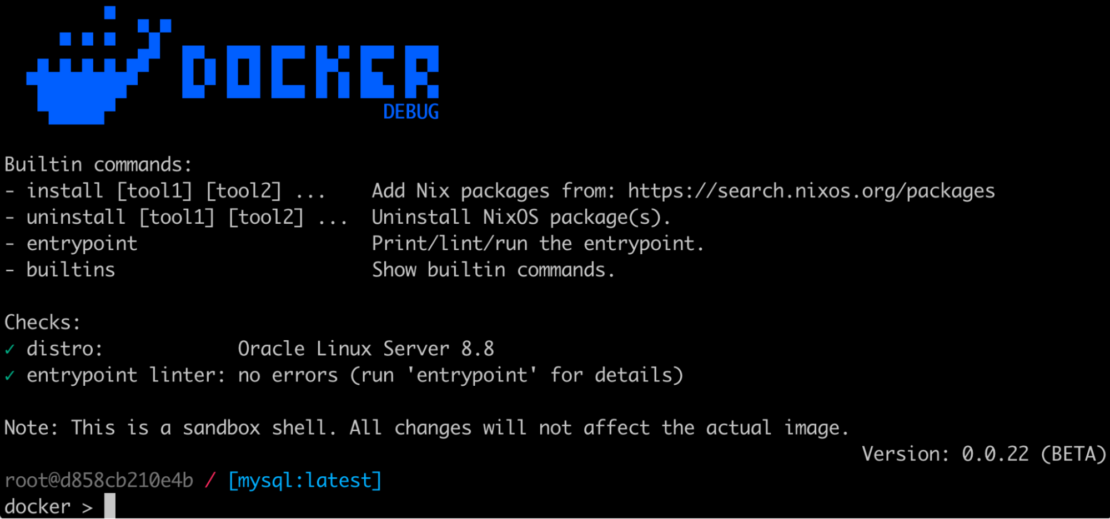 - F7 Docker Debug Screenshot of beta version of Docker Debug page.