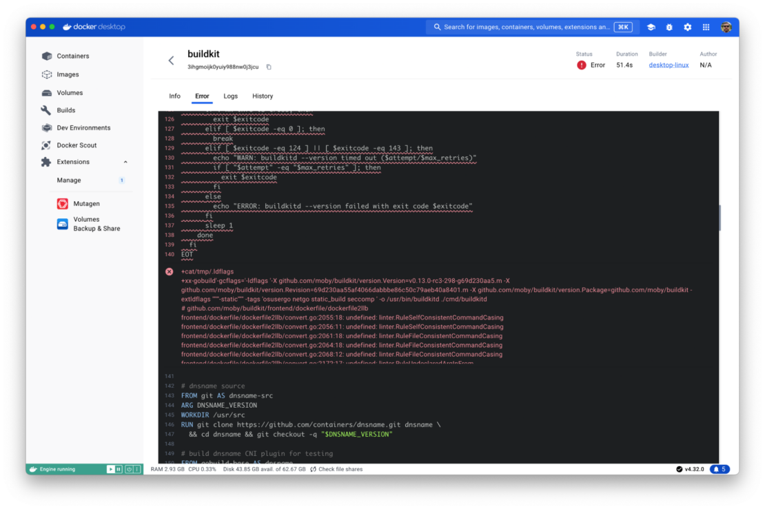 - F3 Build error Screenshot of Builds View, showing information for inspecting a build error.