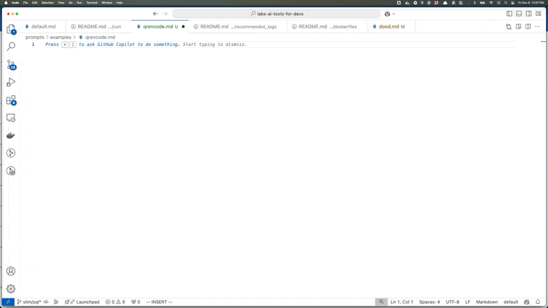 - F1 QR code Animated gif showing generation of QR code using tool and prompt in Markdown file.
