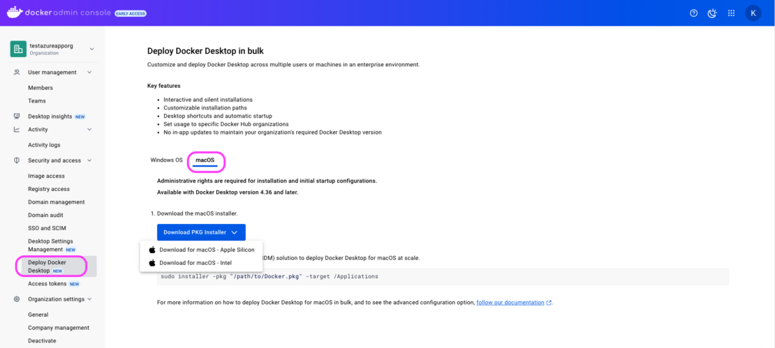 - F4 PKG installer Screenshot of Admin console showing option to download PKG installer.