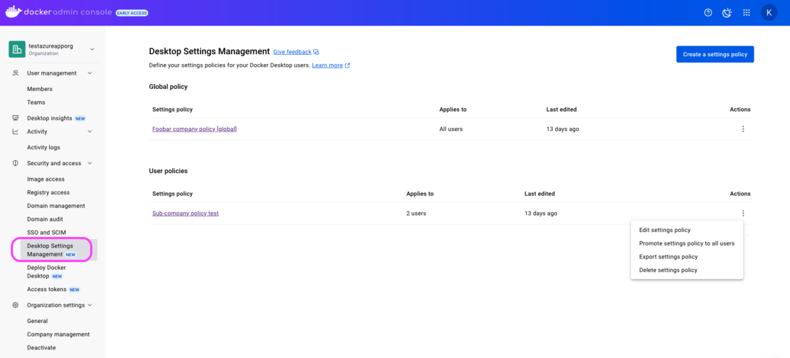 - F5 Desktop Settings Management Screenshot of Admin console showing Desktop Setting Management page, which includes Global policy, Settings policy, User policies, and more.