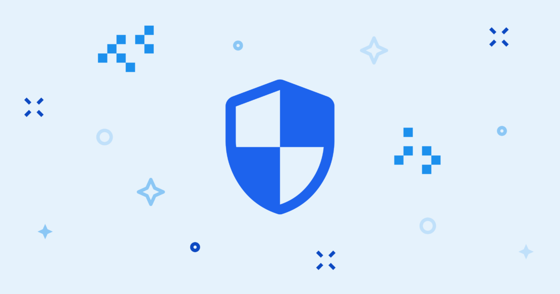 - Dockerでシークレットを保護するバナー Docker セキュリティ シールド 4800x2520 バナー (背景は青)