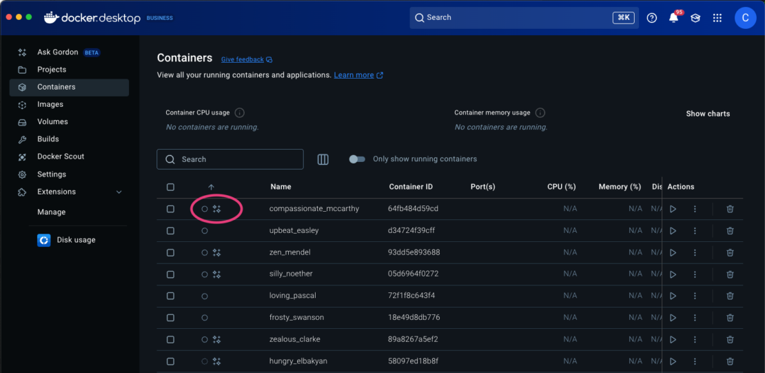 - F1 ゴードンのアイコン Docker Desktop のスクリーンショットで、コンテナのリストでコンテナ名の横に Gordon アイコンが表示されています。