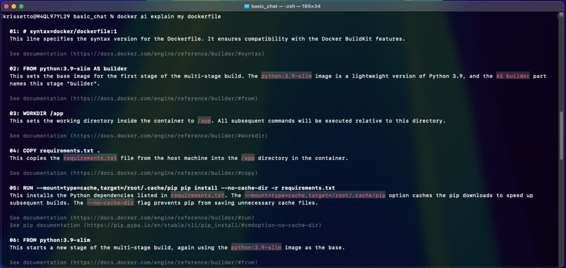 - F3 ゴードンの応答 Docker AI に Dockerfile の説明を依頼した後の結果のスクリーンショット。