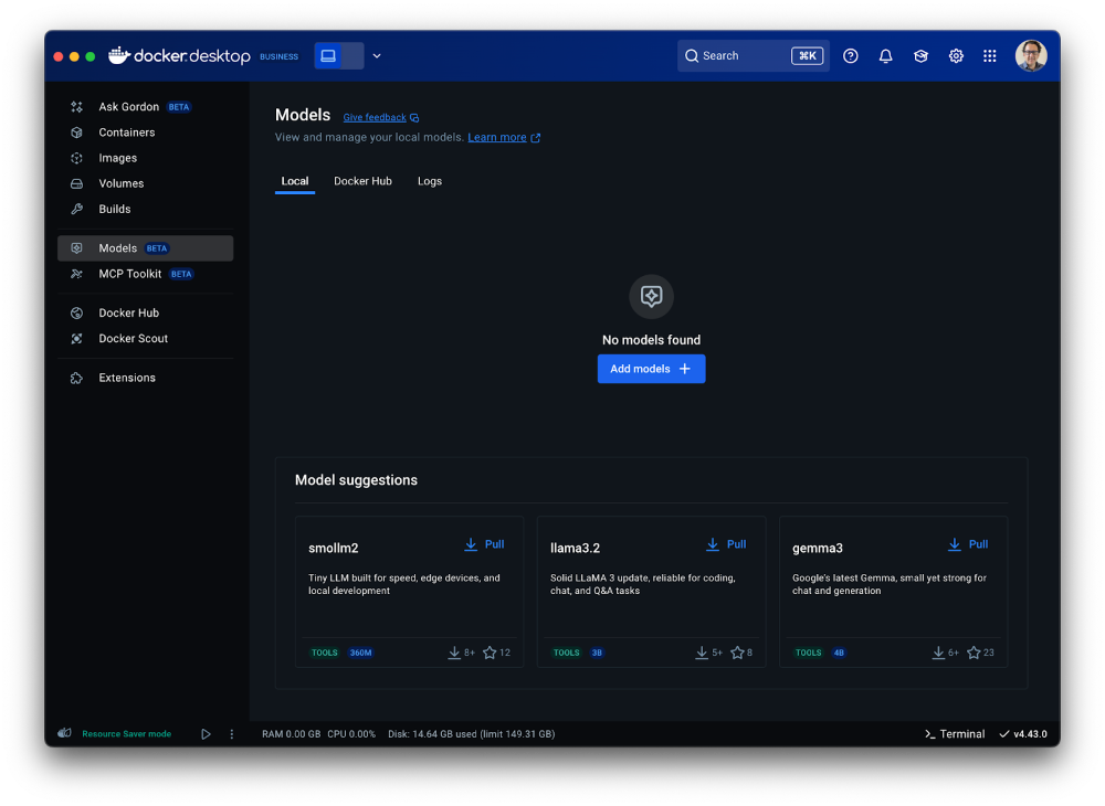 Docker Desktop 内の [モデル] メニューと推奨されるモデルのスクリーンショット。